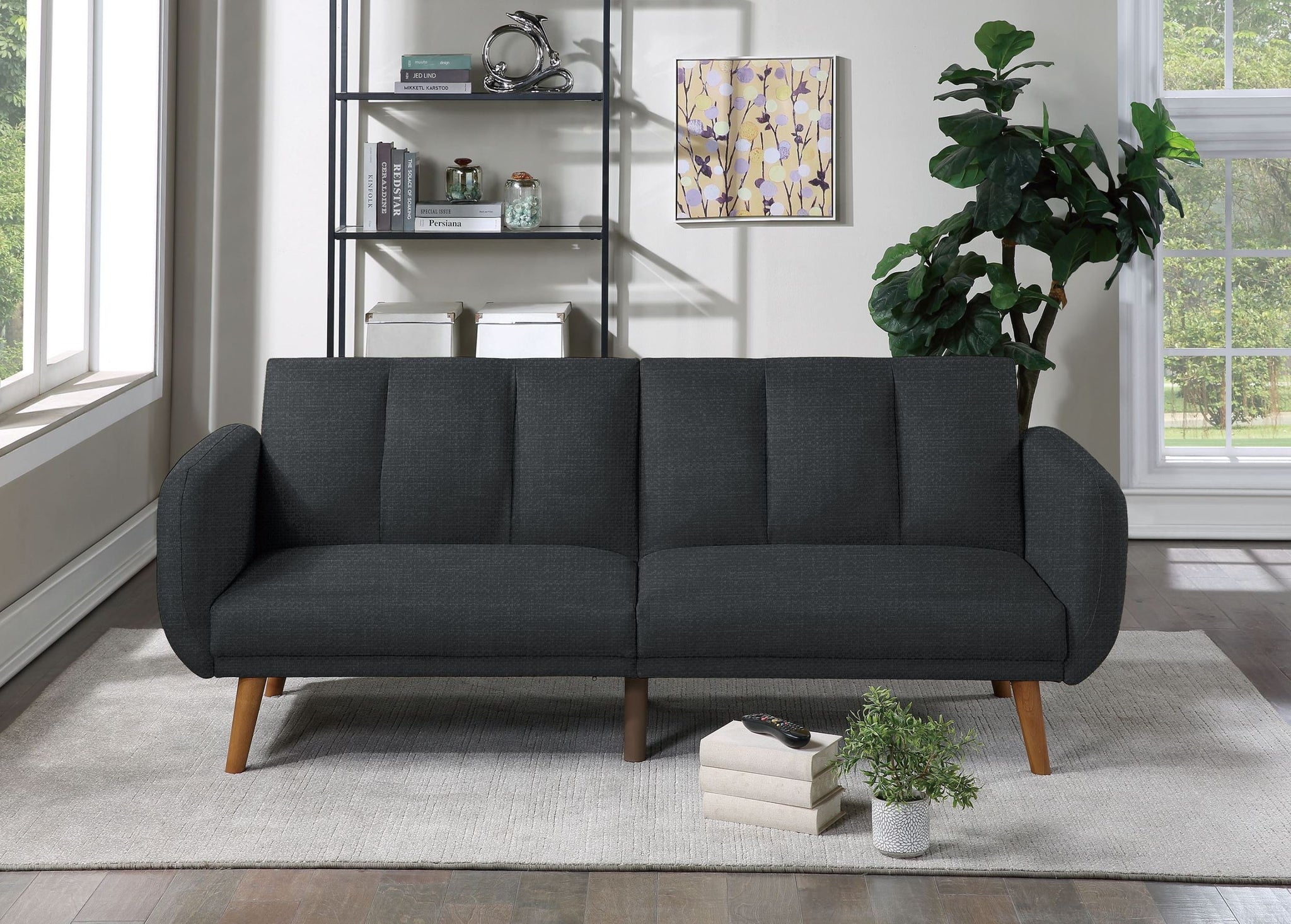 Adjustable Sofa In Black Faux Leather Black Fabric