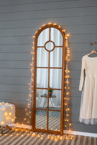 24X79" Half Round Elongated Mirror With Decorative Window Look Classic Architecture Style Solid Fir Wood Interior Decor Brown Wood Glass