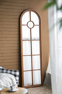 24X79" Half Round Elongated Mirror With Decorative Window Look Classic Architecture Style Solid Fir Wood Interior Decor Brown Wood Glass