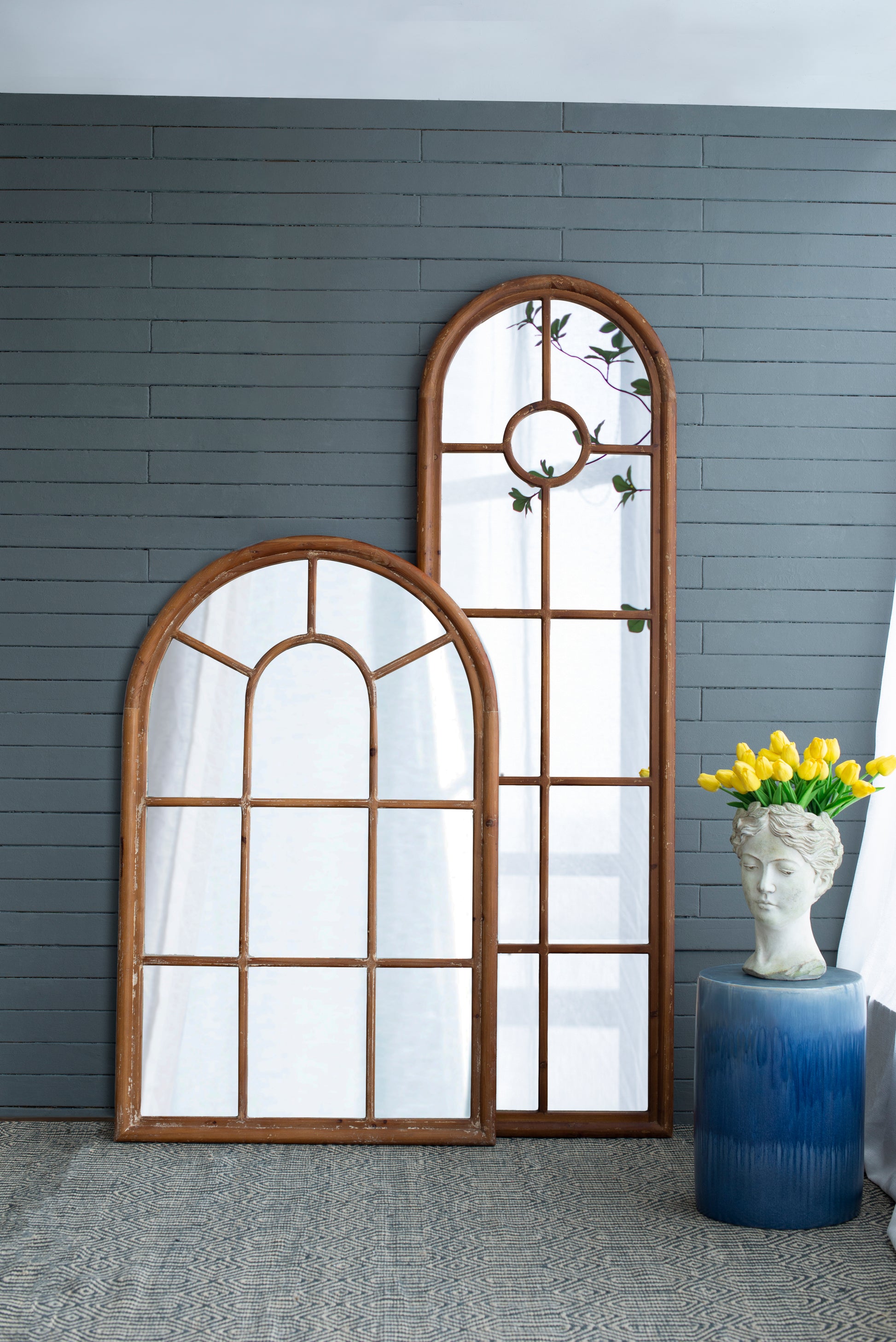24X79" Half Round Elongated Mirror With Decorative Window Look Classic Architecture Style Solid Fir Wood Interior Decor Brown Wood Glass