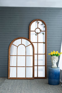 24X79" Half Round Elongated Mirror With Decorative Window Look Classic Architecture Style Solid Fir Wood Interior Decor Brown Wood Glass