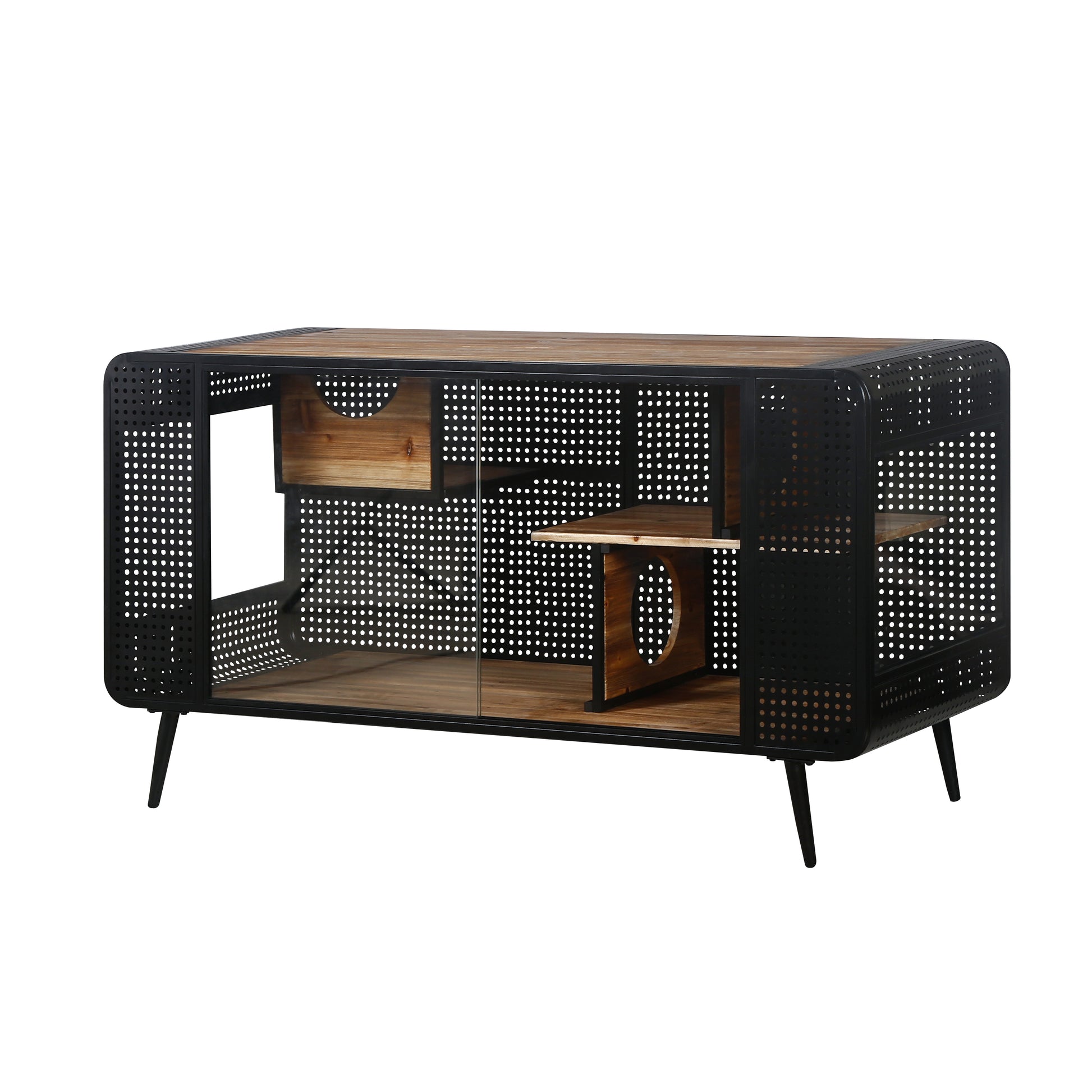 55.12 "Spacious Cat House With Tempered Glass, For Living Room, Hallway, Study And Other Spaces Black Brown Metal & Wood
