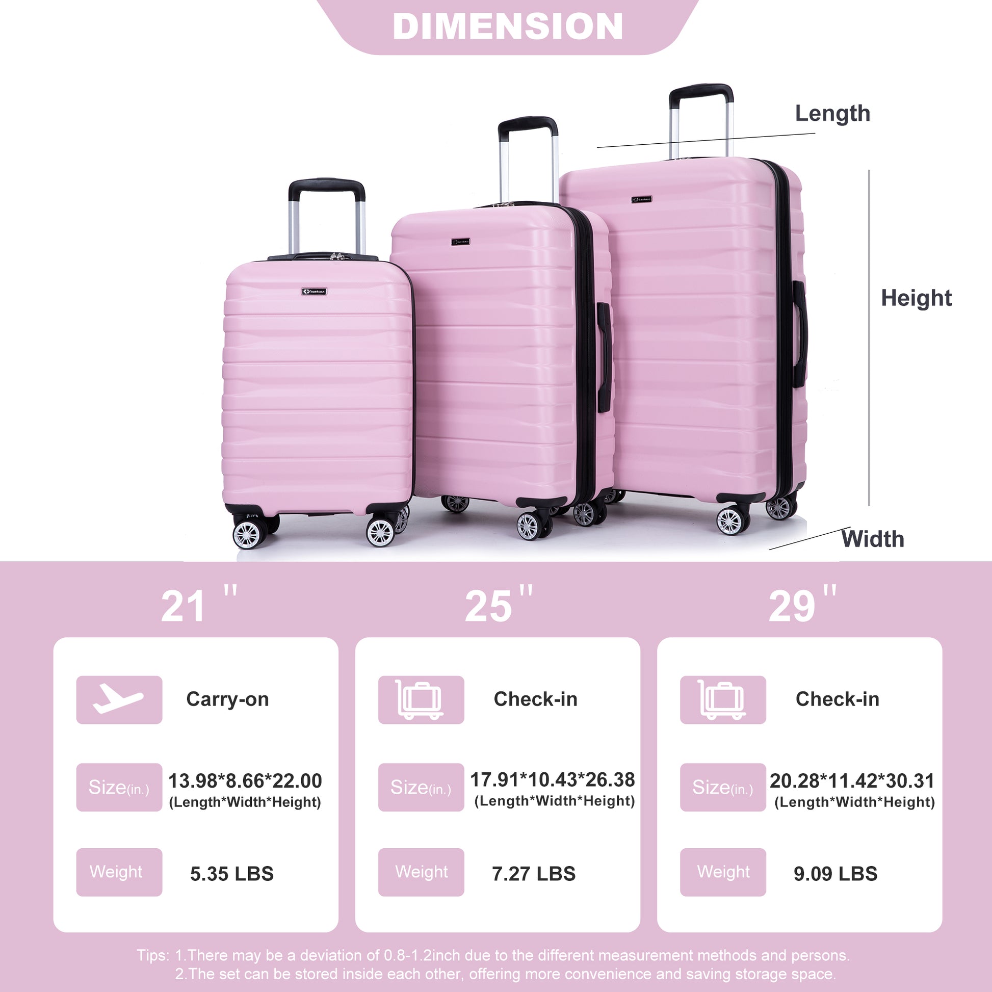 3 Piece Luggage Sets Pc Lightweight & Durable Expandable Suitcase With Two Hooks, Double Spinner Wheels, Tsa Lock, 21 25 29 Pink Pink Pc