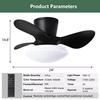 24" Modern Ceiling Fan With Light And Remote,Low Profile Flush Mount Ceiling Fans Indoor,Small Fandelier Ceiling Fans With Dimmable Led Light Fixture For Bedroom Kitchen Black Matt Black Abs Steel Q235