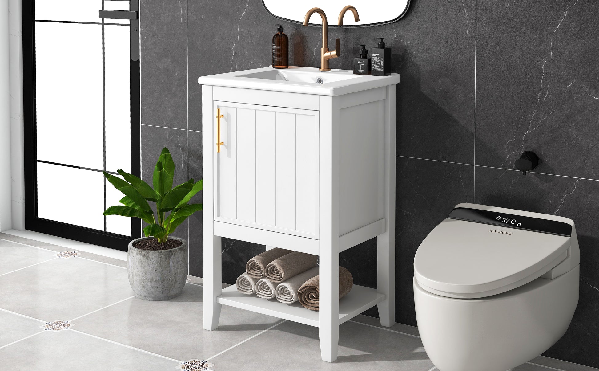 20" Bathroom Vanity With Sink, Bathroom Cabinet With Soft Closing Door, Storage Rack And Open Shelf, White White Solid Wood Mdf