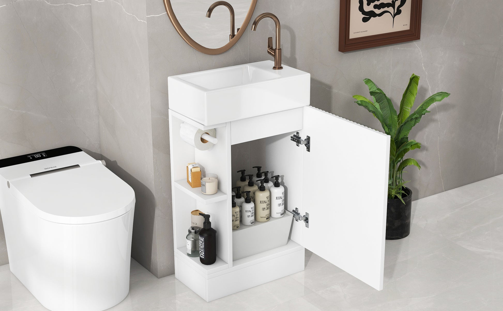 18.6" Bathroom Vanity With Sink, Bathroom Vanity Cabinet With Two Tier Shelf, Left Or Right Orientation, White White Mdf