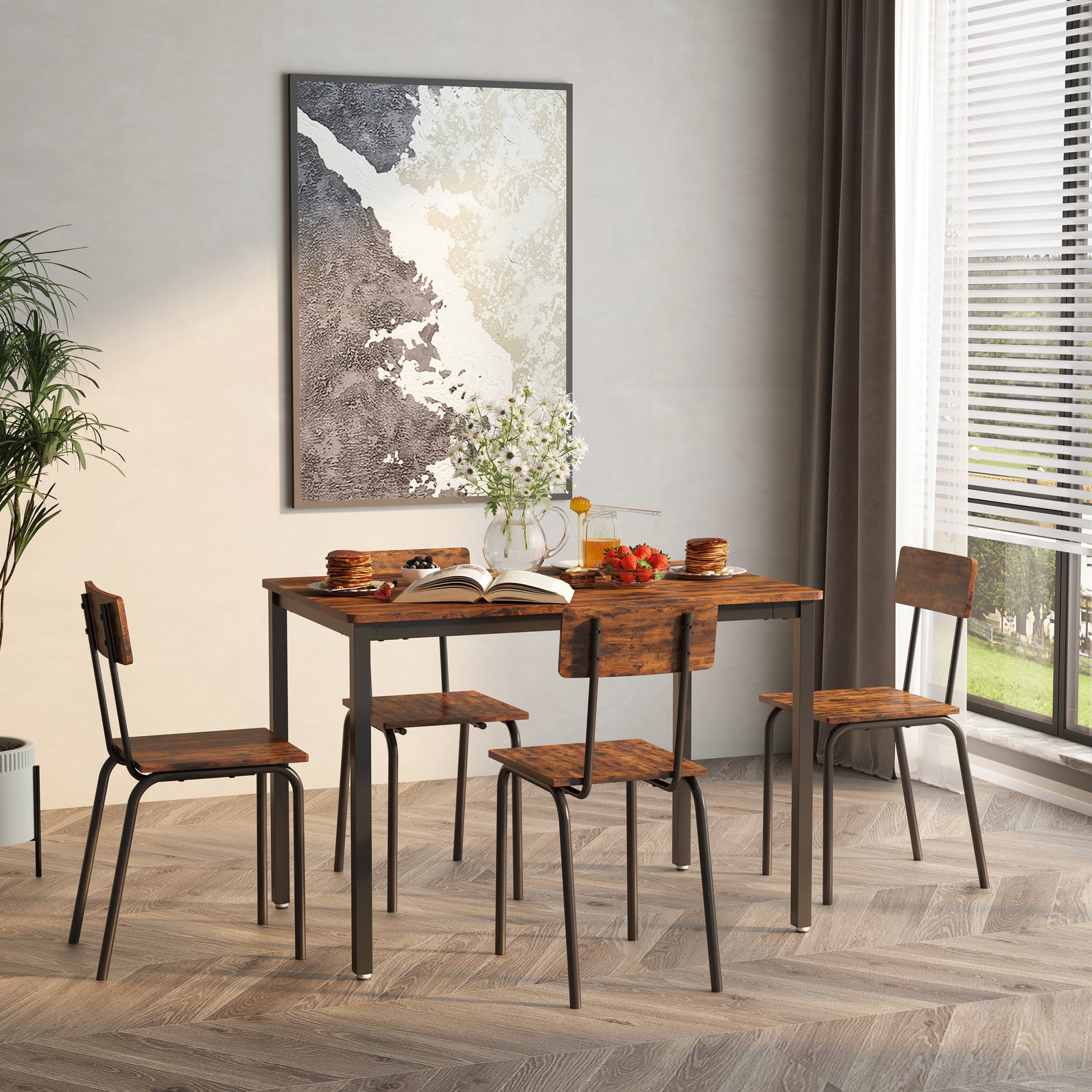 Dining Table Set 5 Piece Dining Chair With Backrest, Industrial Style, Sturdy Construction. Rustic Brown, 43.31'' L X 27.56'' W X 30.32'' H. Rustic Brown Particle Board