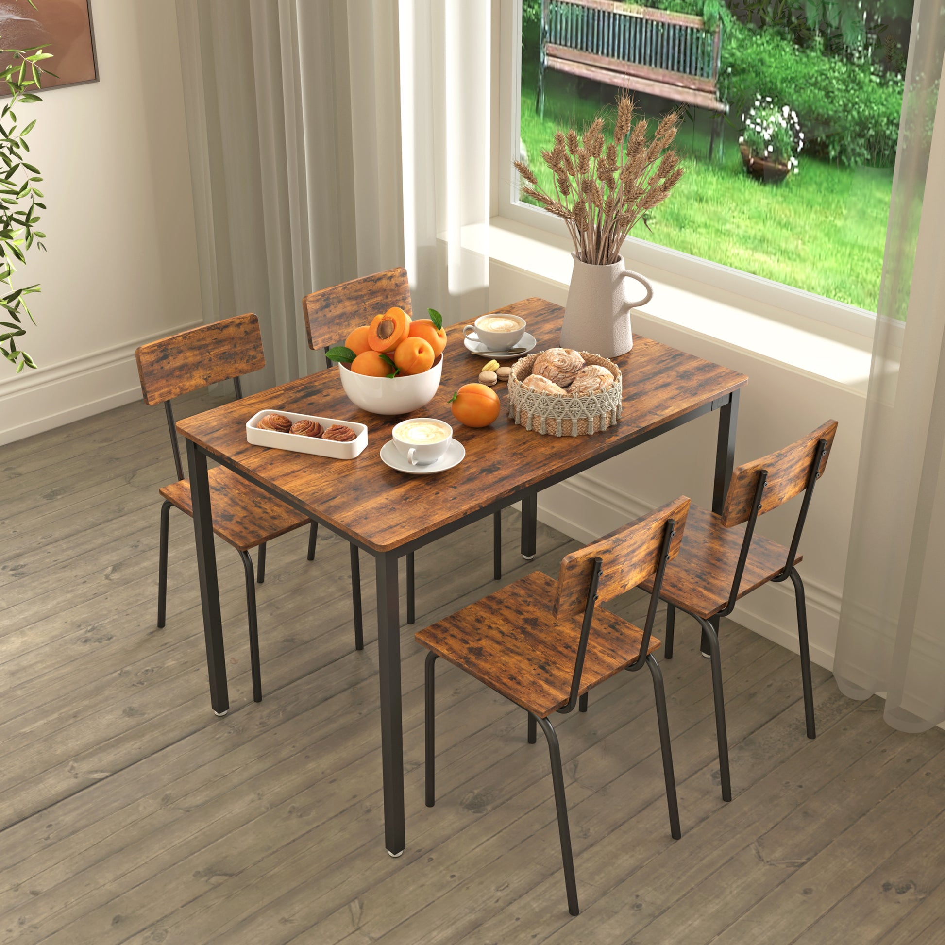 Dining Table Set 5 Piece Dining Chair With Backrest, Industrial Style, Sturdy Construction. Rustic Brown, 43.31'' L X 27.56'' W X 30.32'' H. Rustic Brown Particle Board