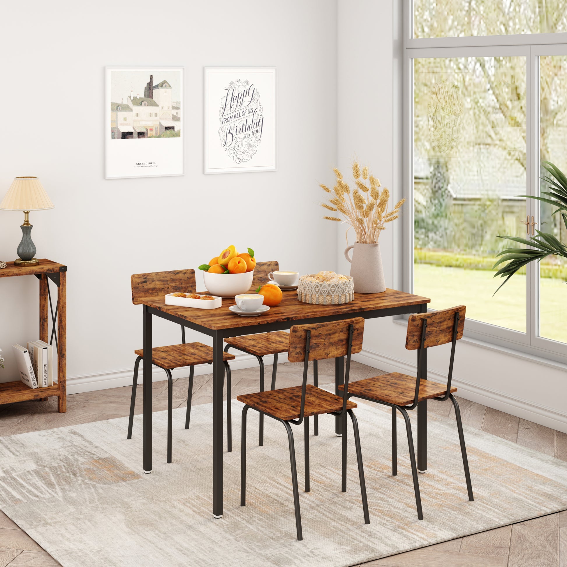 Dining Table Set 5 Piece Dining Chair With Backrest, Industrial Style, Sturdy Construction. Rustic Brown, 43.31'' L X 27.56'' W X 30.32'' H. Rustic Brown Particle Board