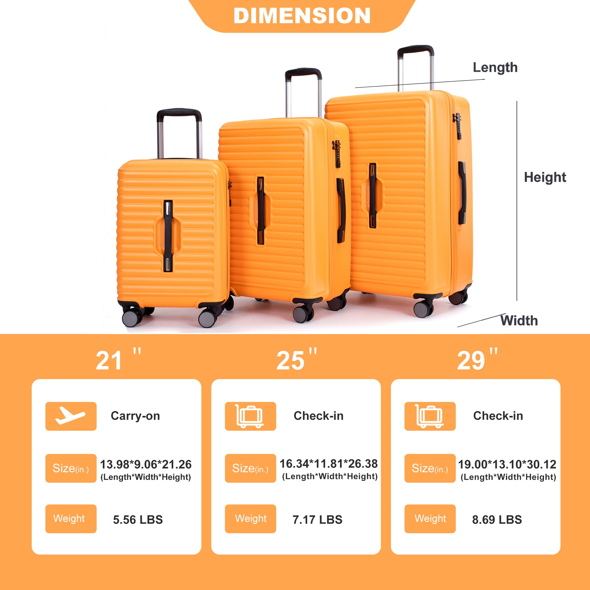 3 Piece Luggage Sets Pc Abs Lightweight Suitcase With Two Hooks, 360 Double Spinner Wheels, Tsa Lock, 20 24 28 Orange Orange Abs Pc