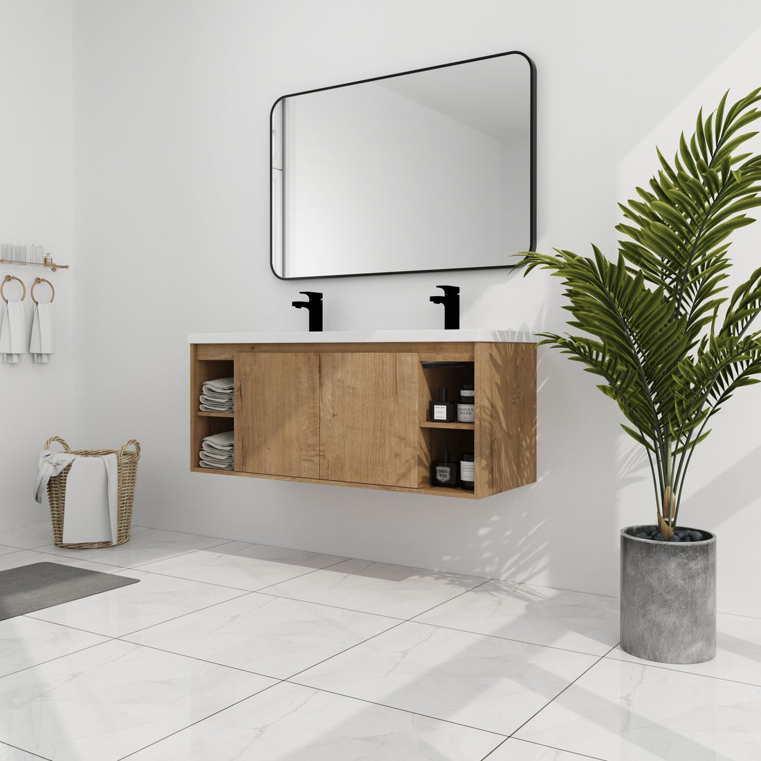 48" Wall Mounted Bathroom Vanity With Double Sink, Soft Closing Door Hinge Kd Package Bvb07348Imox Grb4840D Imitative Oak 2 Bathroom Wall Mounted Modern Plywood