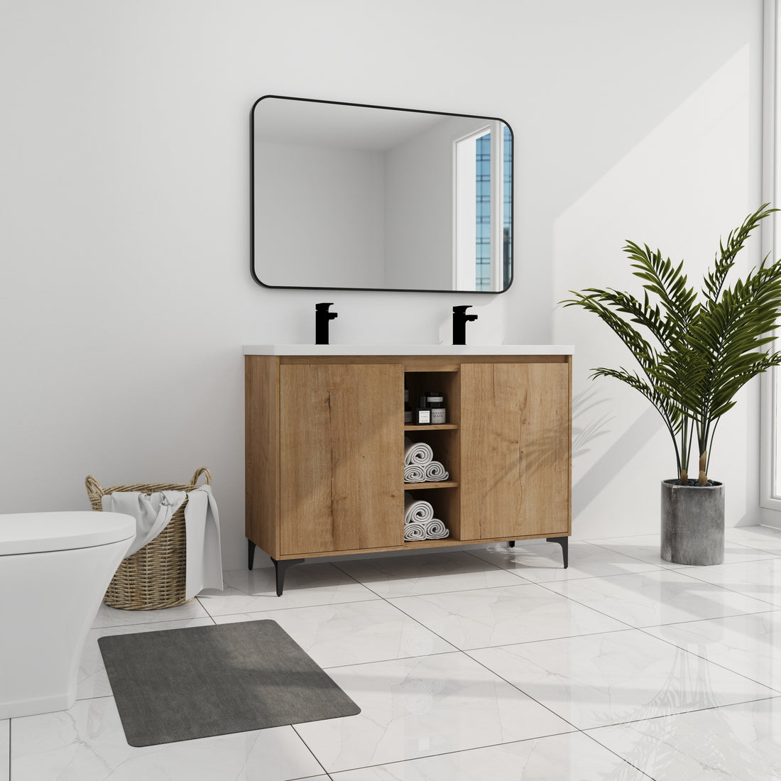 48" Freestanding Bathroom Vanity With Double Sink, Soft Closing Door Hinge Kd Package Bvb07148Imox Grb4840D Imitative Oak 2 Bathroom Freestanding Modern Plywood