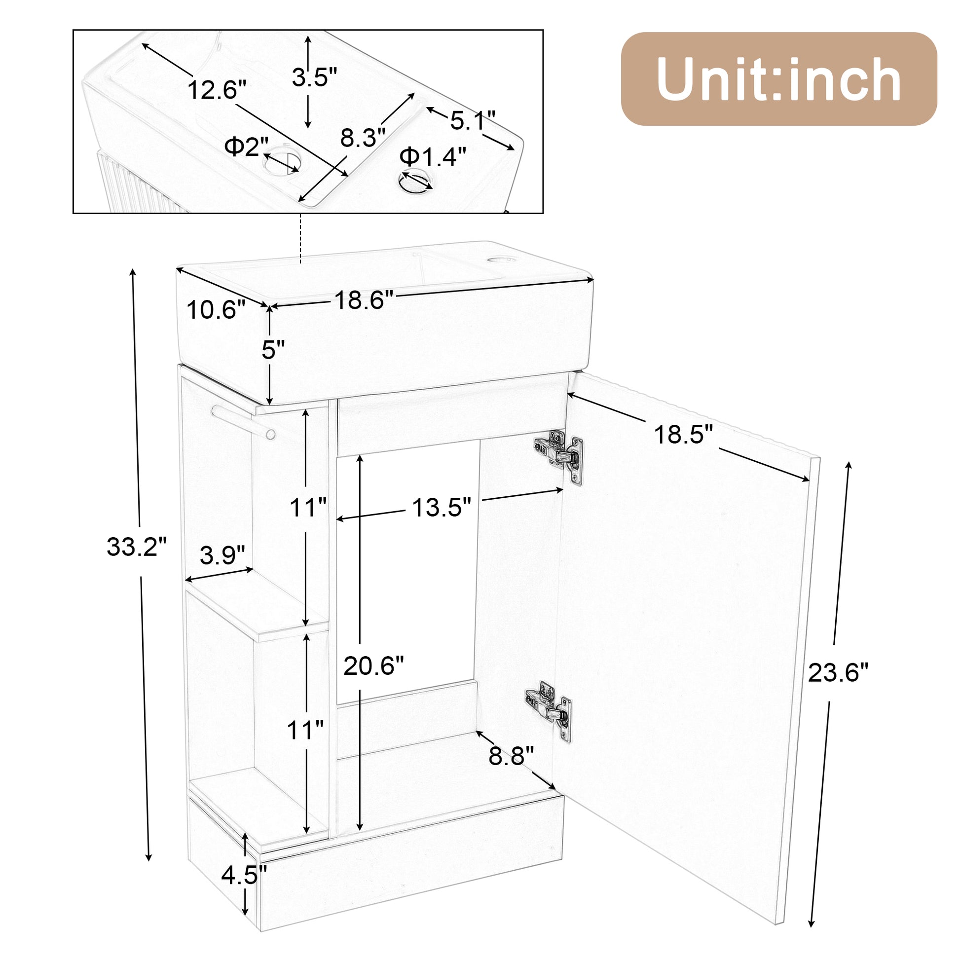 18.6" Bathroom Vanity With Sink, Bathroom Vanity Cabinet With Two Tier Shelf, Left Or Right Orientation, White White Mdf