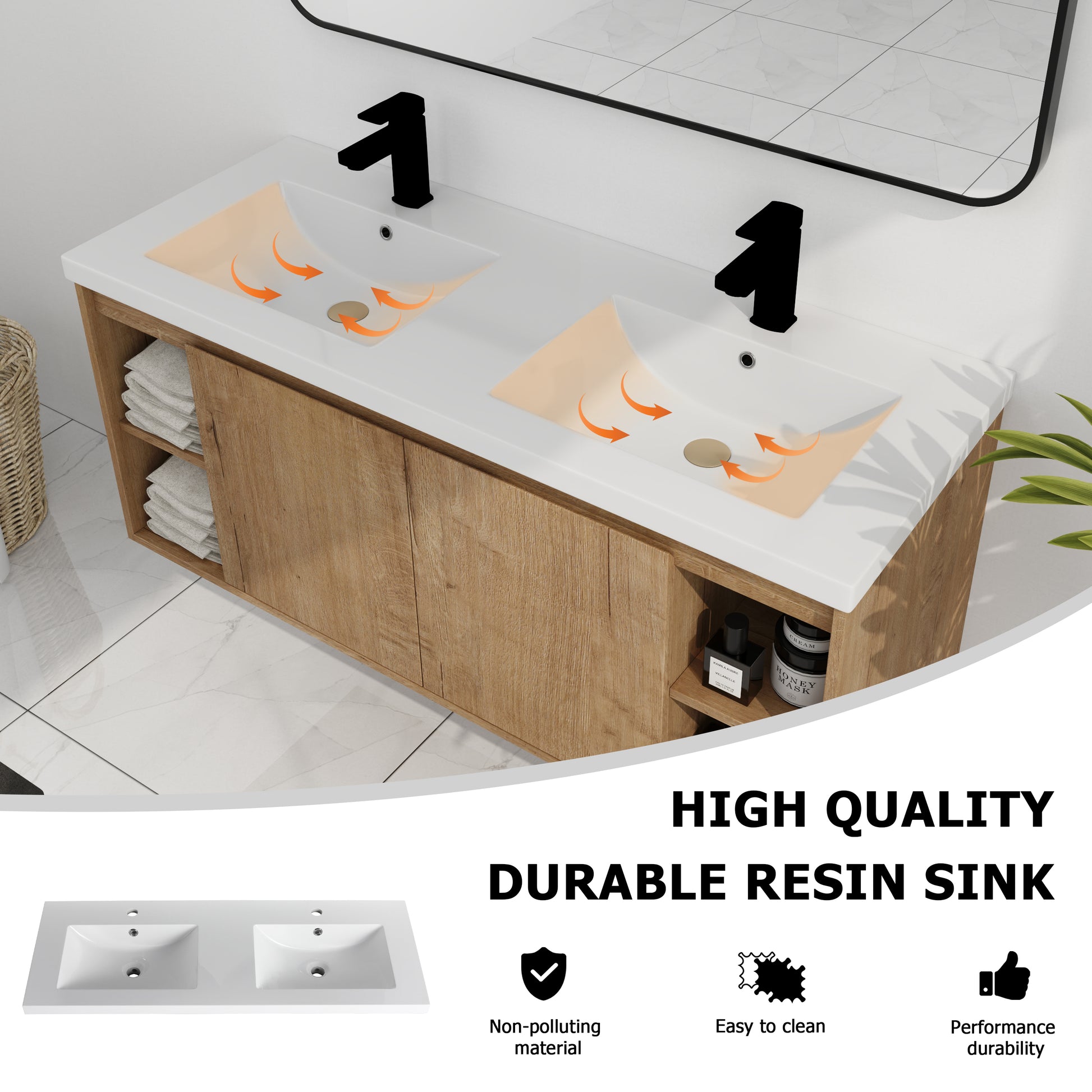 48" Wall Mounted Bathroom Vanity With Double Sink, Soft Closing Door Hinge Kd Package Bvb07348Imox Grb4840D Imitative Oak 2 Bathroom Wall Mounted Modern Plywood