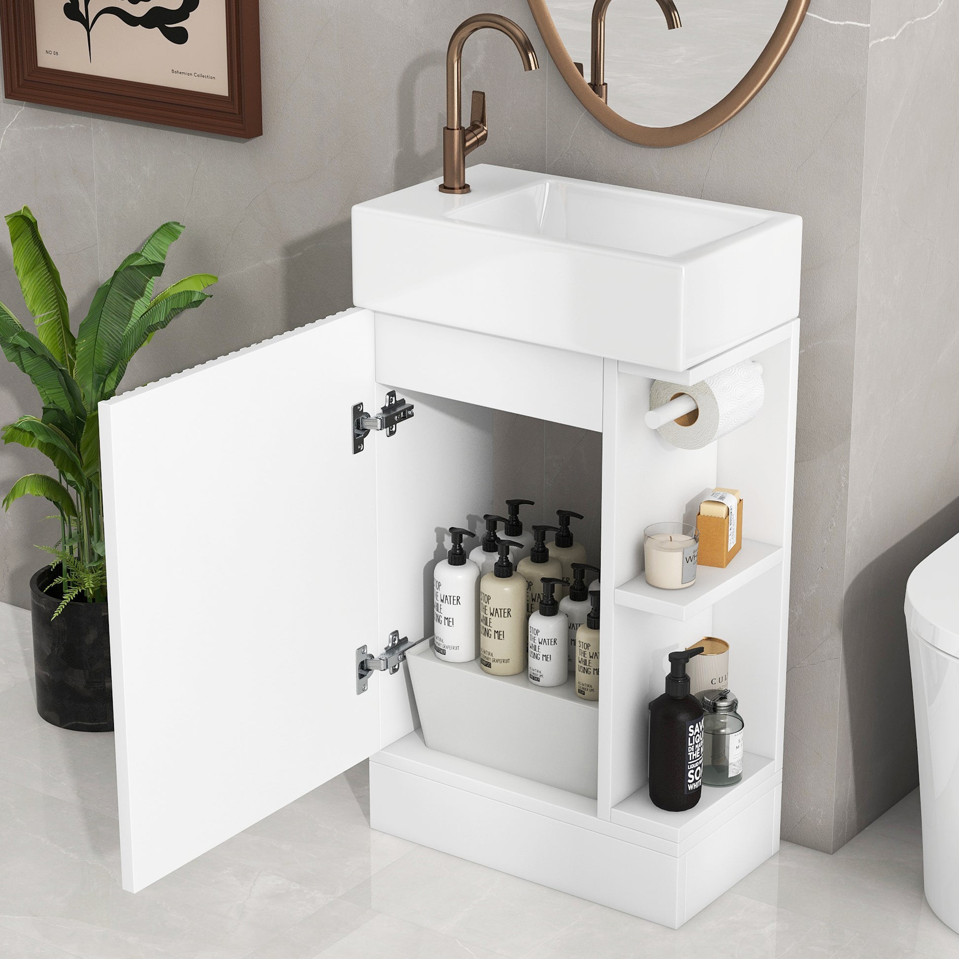 18.6" Bathroom Vanity With Sink, Bathroom Vanity Cabinet With Two Tier Shelf, Left Or Right Orientation, White White Mdf