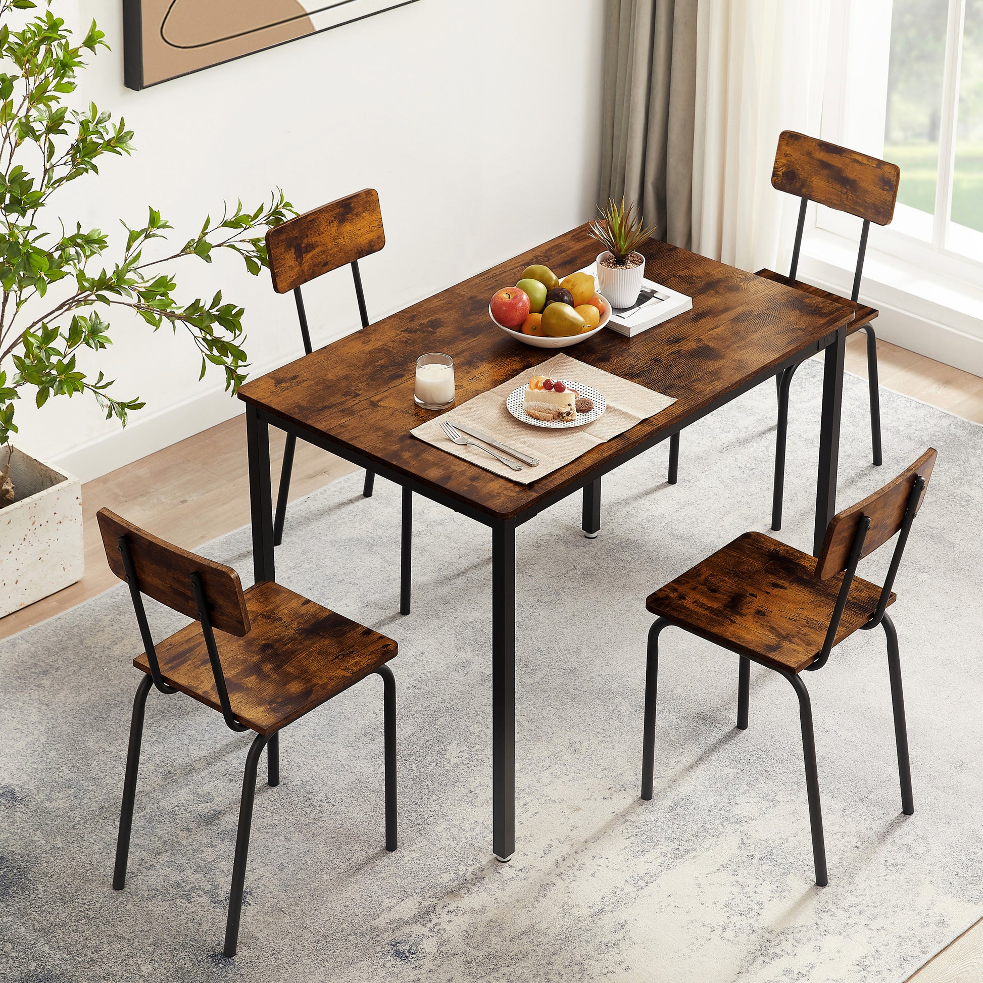 Dining Table Set 5 Piece Dining Chair With Backrest, Industrial Style, Sturdy Construction. Rustic Brown, 43.31'' L X 27.56'' W X 30.32'' H. Rustic Brown Particle Board