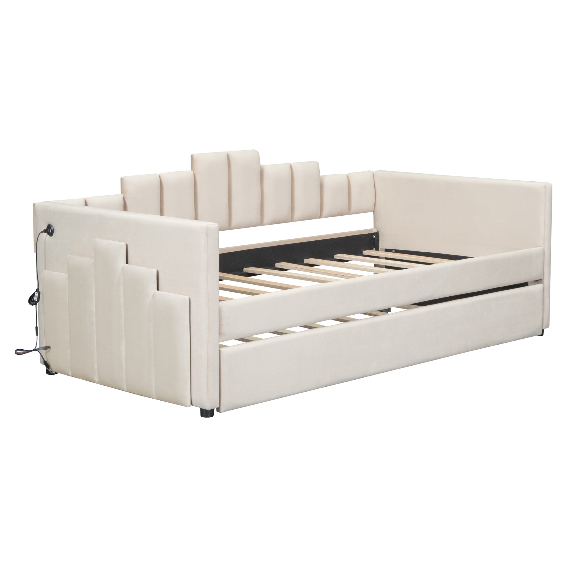 Twin Size Upholstered Daybed With Light And Usb Port, Beige Beige Upholstered