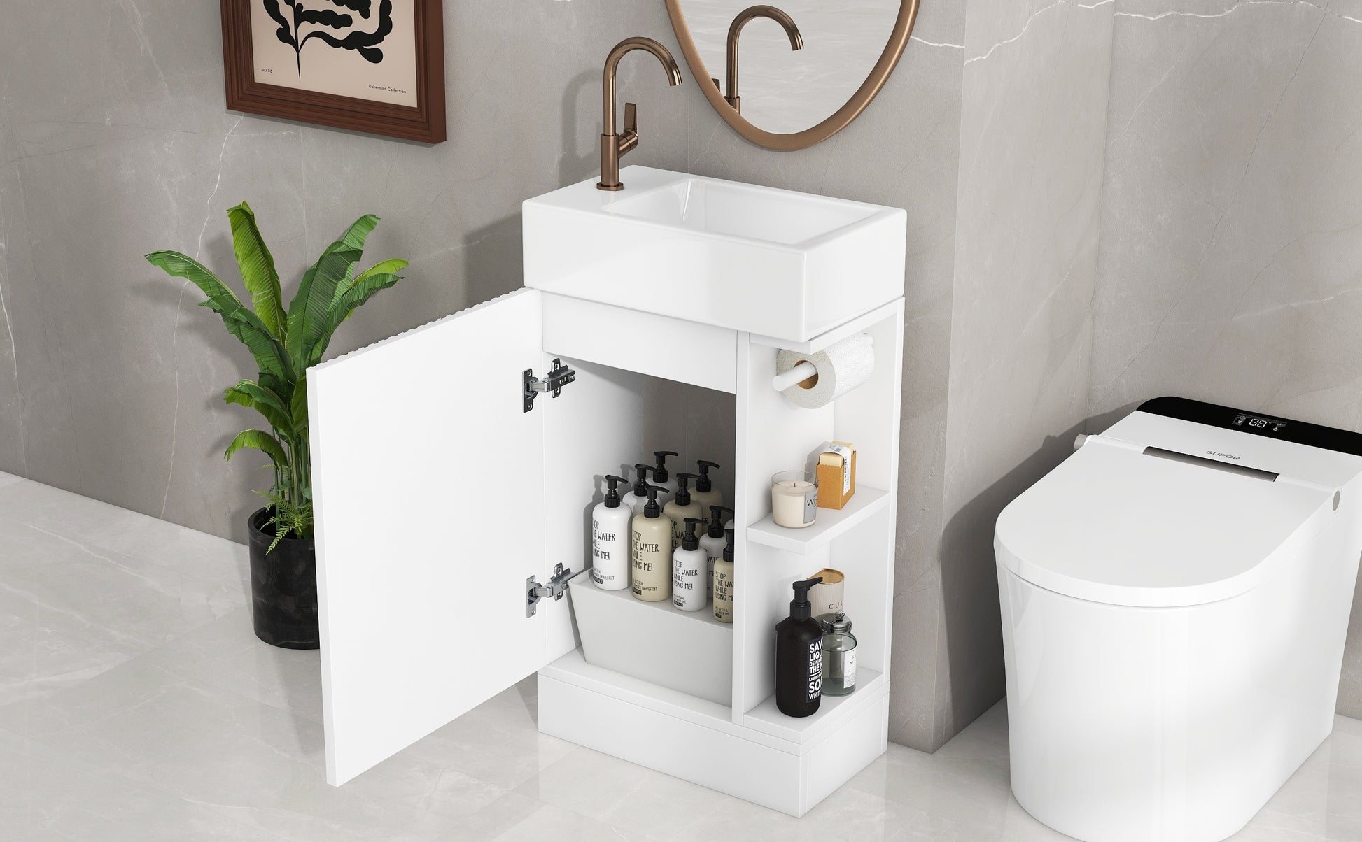 18.6" Bathroom Vanity With Sink, Bathroom Vanity Cabinet With Two Tier Shelf, Left Or Right Orientation, White White Mdf