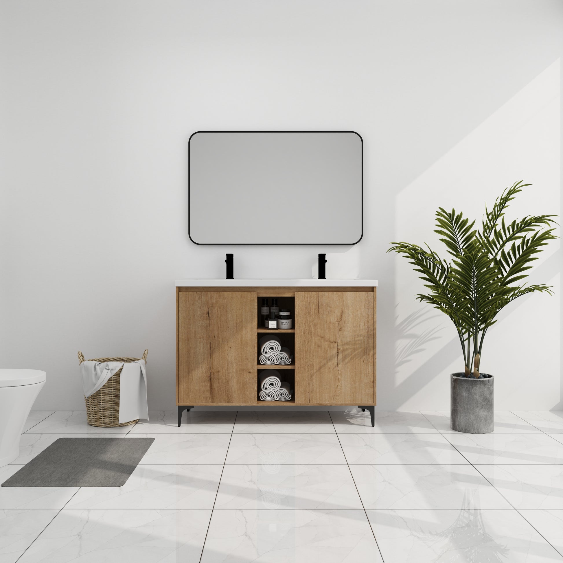 48" Freestanding Bathroom Vanity With Double Sink, Soft Closing Door Hinge Kd Package Bvb07148Imox Grb4840D Imitative Oak 2 Bathroom Freestanding Modern Plywood