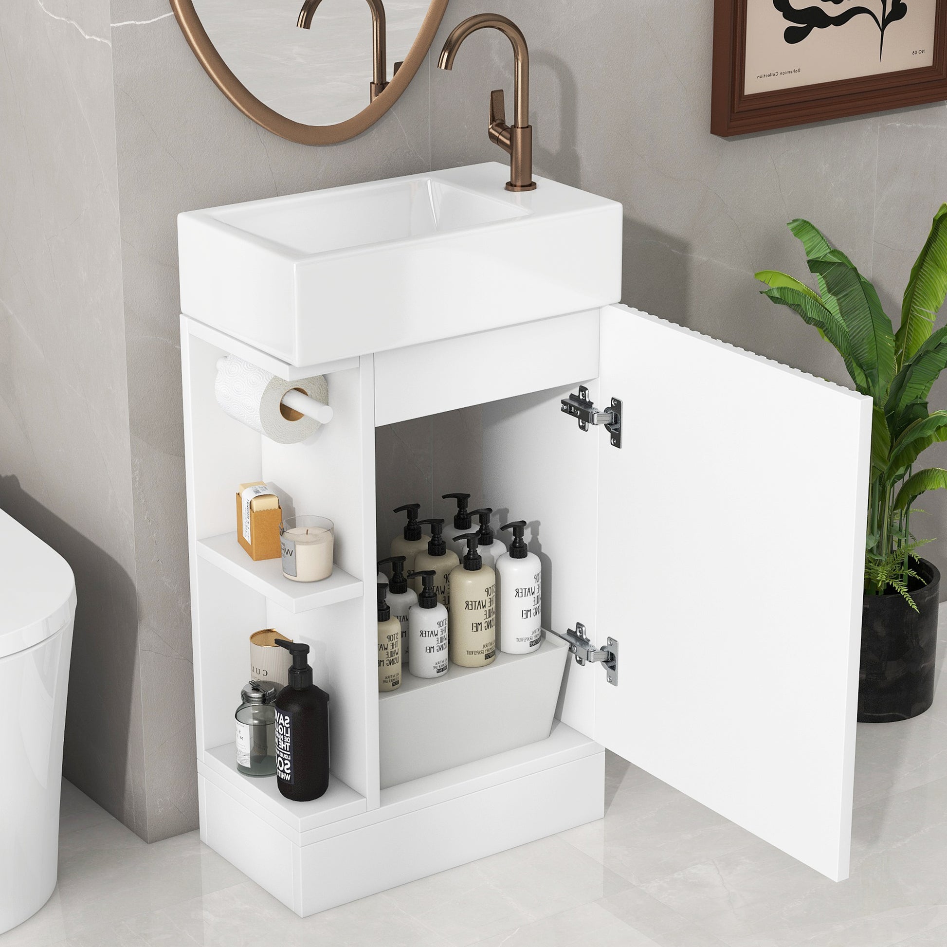 18.6" Bathroom Vanity With Sink, Bathroom Vanity Cabinet With Two Tier Shelf, Left Or Right Orientation, White White Mdf