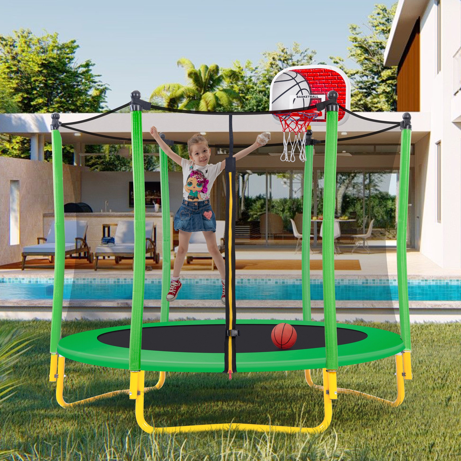 5.5Ft Trampoline For Kids 65" Outdoor & Indoor Mini Toddler Trampoline With Enclosure, Basketball Hoop And Ball Included Grass Green Metal