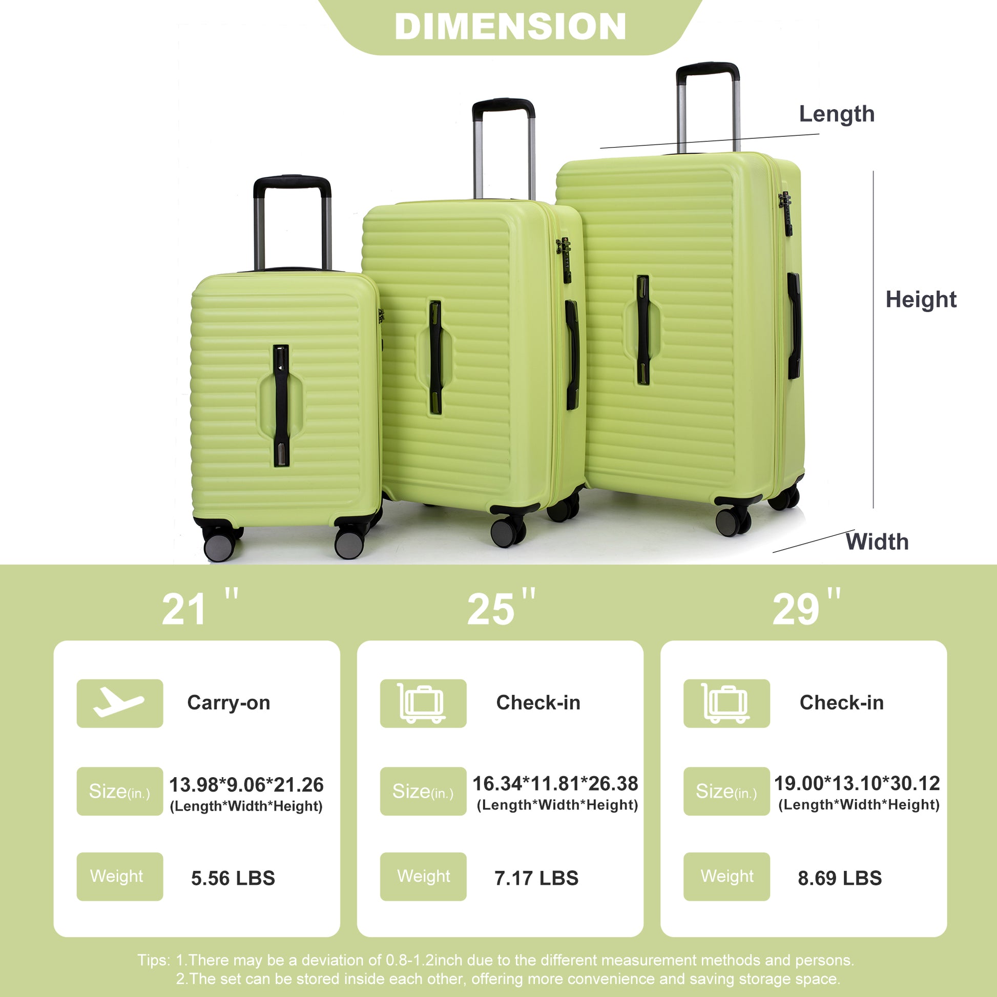 3 Piece Luggage Sets Pc Abs Lightweight Suitcase With Two Hooks, 360 Double Spinner Wheels, Tsa Lock, 20 24 28 Light Green Light Green Abs Pc