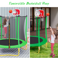 5.5Ft Trampoline For Kids 65" Outdoor & Indoor Mini Toddler Trampoline With Enclosure, Basketball Hoop And Ball Included Grass Green Metal