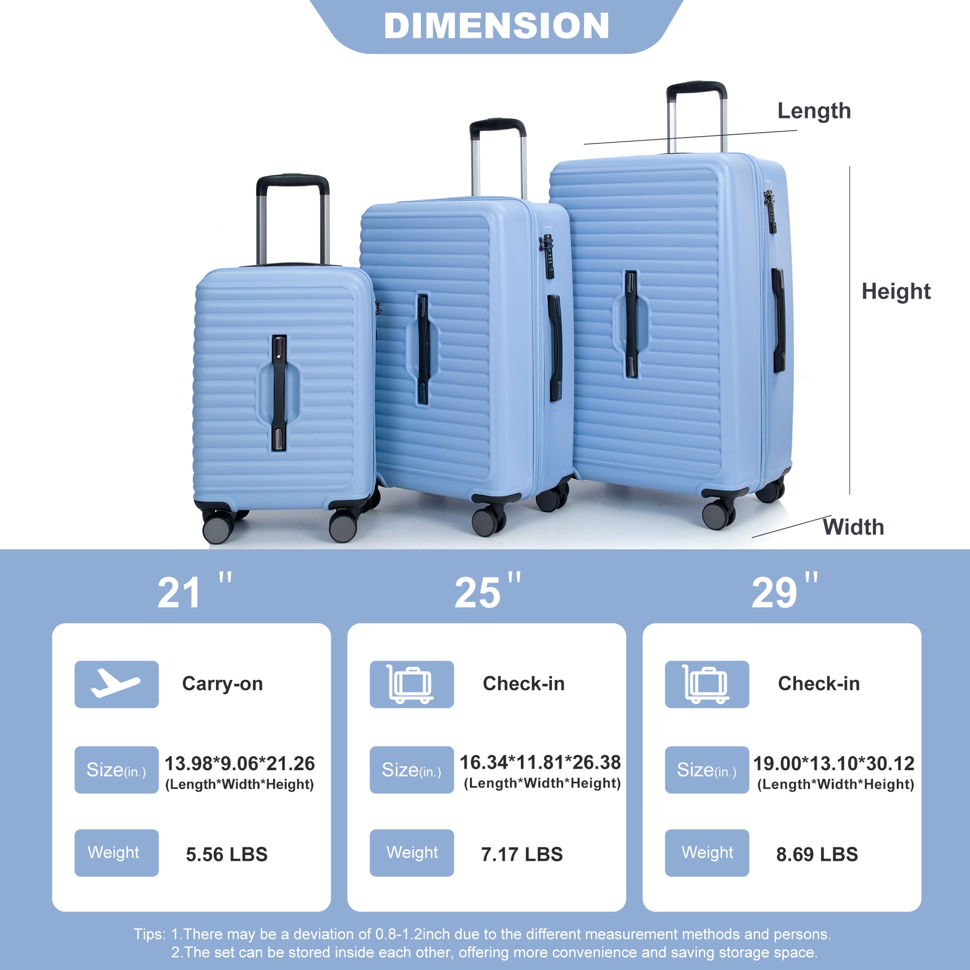 3 Piece Luggage Sets Pc Abs Lightweight Suitcase With Two Hooks, 360 Double Spinner Wheels, Tsa Lock, 21 25 29 Light Blue Light Blue Abs Pc