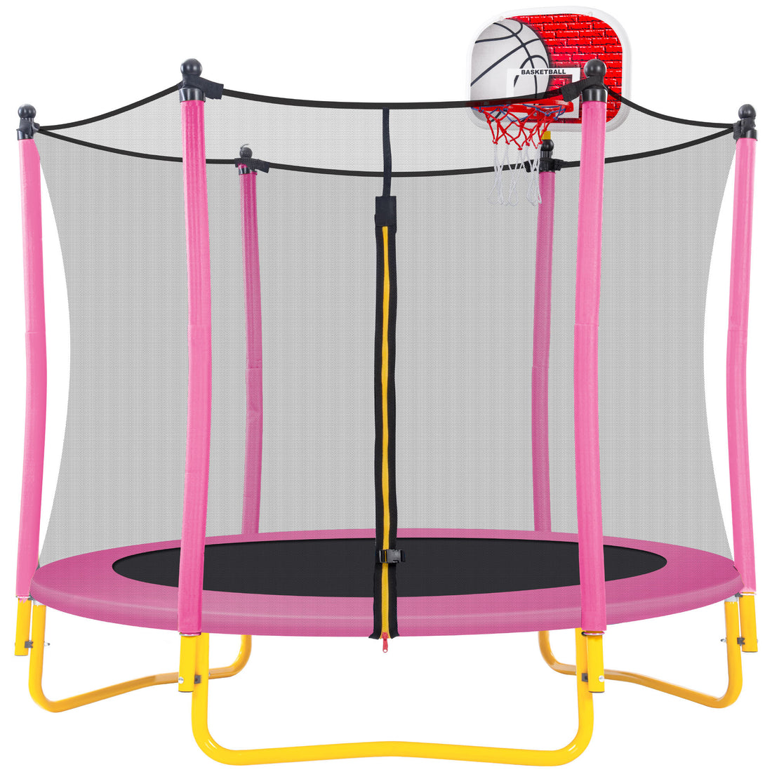 5.5Ft Trampoline For Kids 65" Outdoor & Indoor Mini Toddler Trampoline With Enclosure, Basketball Hoop And Ball Included Pink Metal