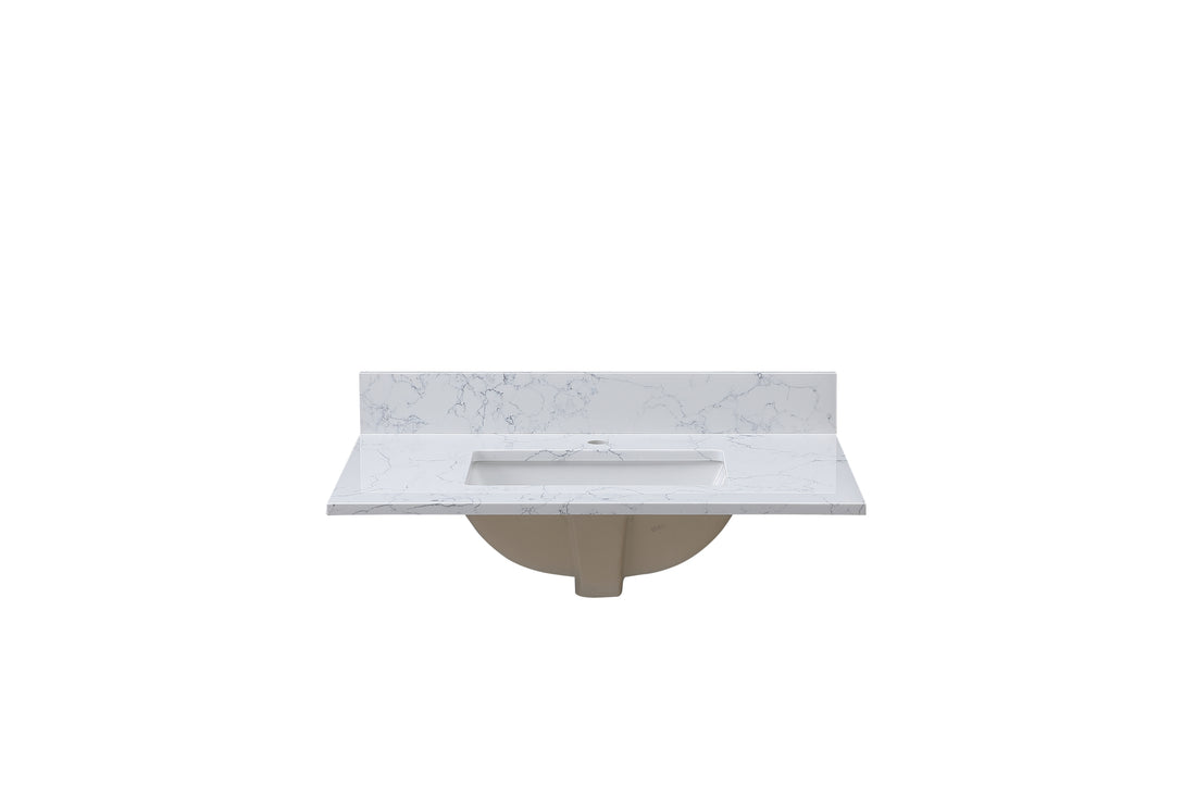 31"X 22" Bathroom Stone Vanity Top Carrara Jade Engineered Marble Color With Undermount Ceramic Sink And Single Faucet Hole With Backsplash White Stone