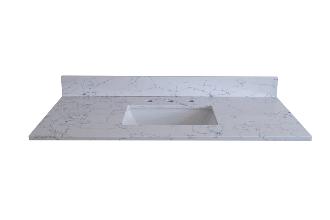 37"X 22" Bathroom Stone Vanity Top Carrara Jade Engineered Marble Color With Undermount Ceramic Sink And 3 Faucet Hole With Backsplash White Stone