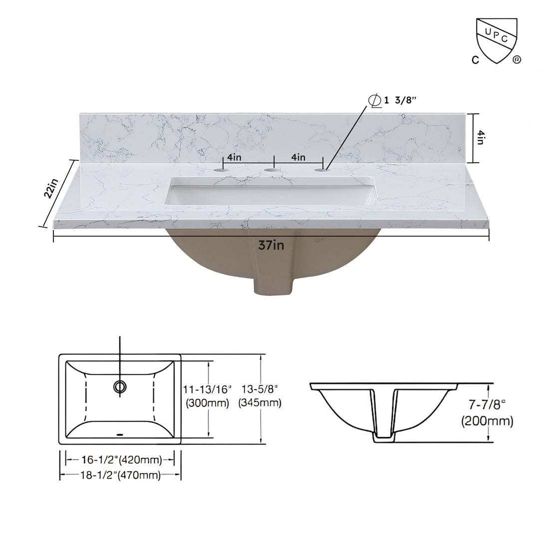 37"X 22" Bathroom Stone Vanity Top Carrara Jade Engineered Marble Color With Undermount Ceramic Sink And 3 Faucet Hole With Backsplash White Stone