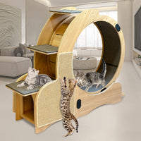 5 In 1 Cat Sports Running Wheel, Cats Wheel Wood Climbing Frame, Cat Litter Fitness Wheel, Oversized Roller Cat Indoor Activity Center,Large Right Natural Wood Wood