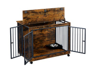 Furniture Style Dog Crate Side Table With Rotatable Feeding Bowl, Wheels, Three Doors, Flip Up Top Opening. Indoor, Rustic Brown, 38.58"W X 25.2"D X 27.17"H Rustic Brown Particle Board