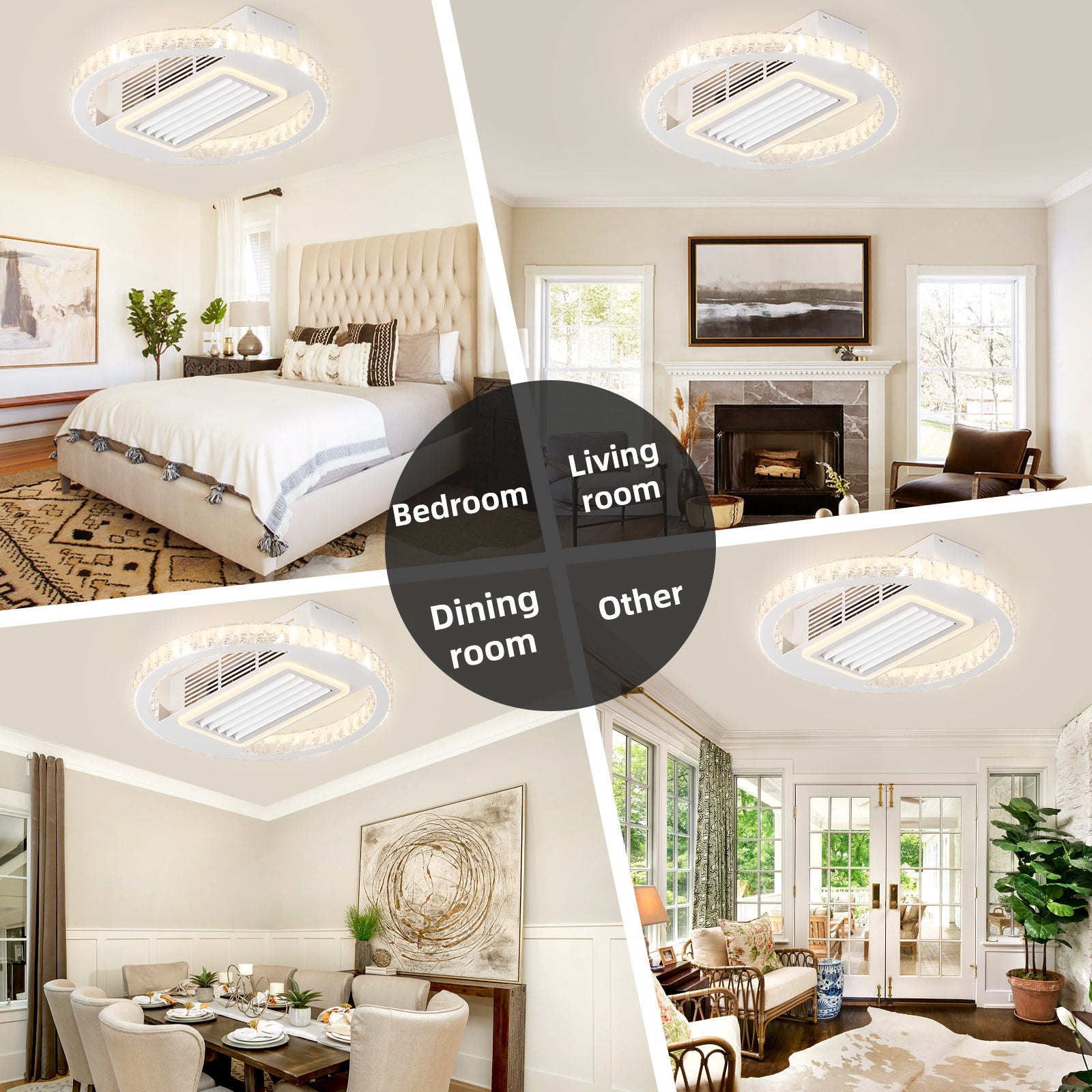 22Inch Modern Leafless Ceiling Fan With Remote Control Removable And Washable, Reversible Motor White Modern Crystal