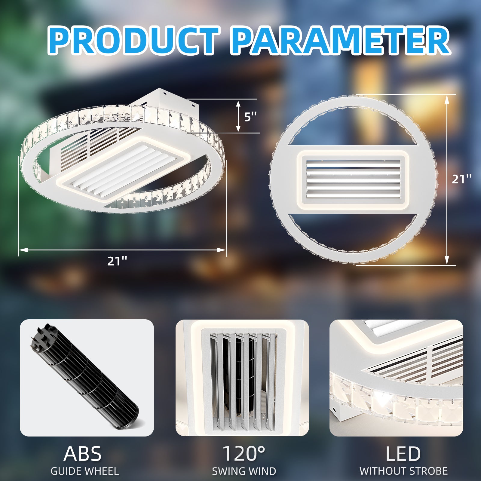 22Inch Modern Leafless Ceiling Fan With Remote Control Removable And Washable, Reversible Motor White Modern Crystal