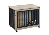 Furniture Style Dog Crate Side Table With Feeding Bowl, Wheels, Three Doors, Flip Up Top Opening. Indoor, Grey, 38.58"W X 25.2"D X 27.17"H Grey Particle Board
