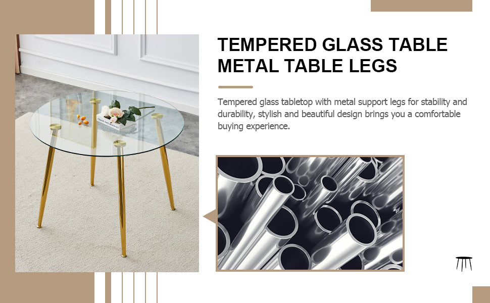 A Glass Tabletop With A Diameter Of 40 Inches And A Modern Minimalist Circular Dining Table With Gold Plated Metal Legs. 40 '* 40' * 30 ' Dt 1164 Golden Metal