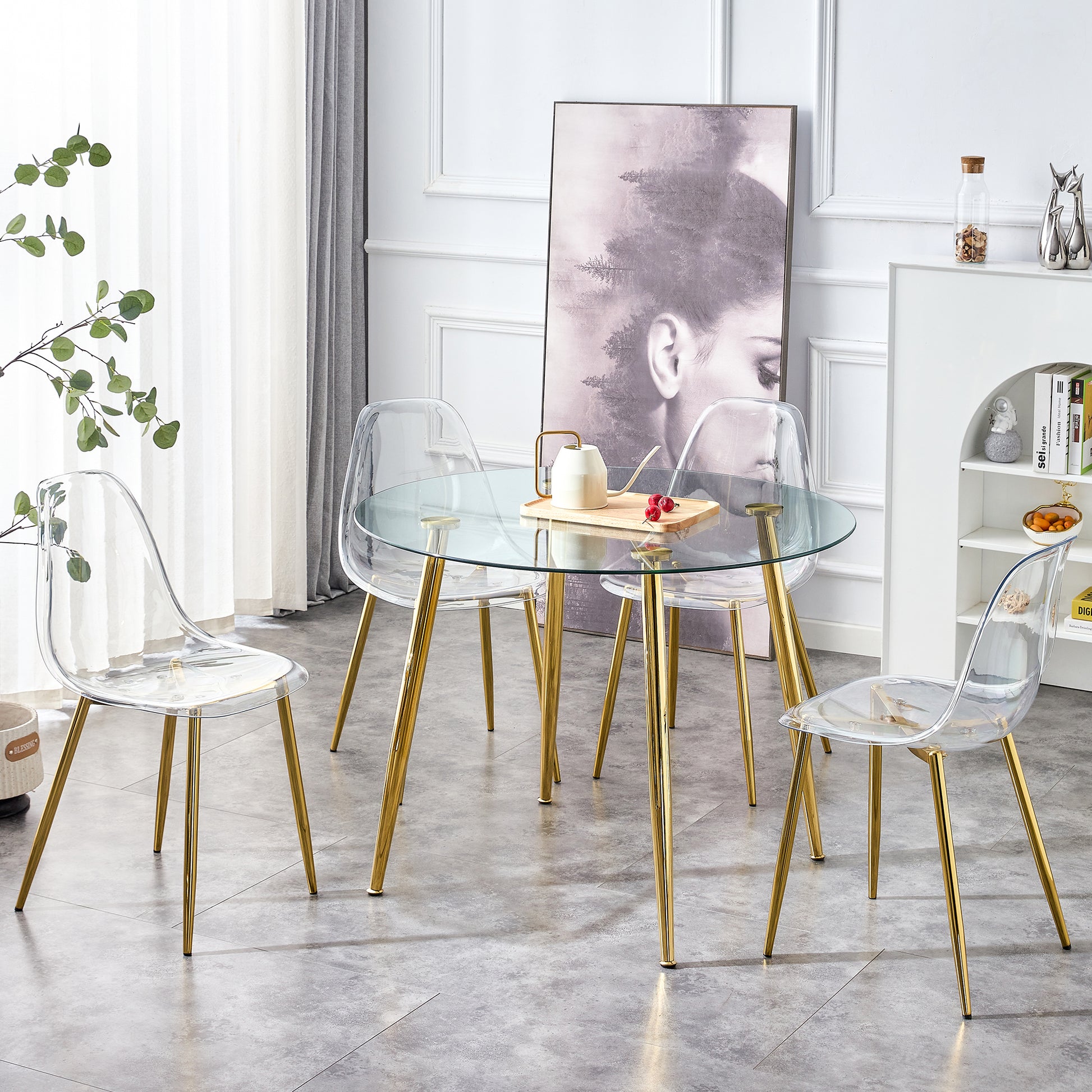 A Glass Tabletop With A Diameter Of 40 Inches And A Modern Minimalist Circular Dining Table With Gold Plated Metal Legs. 40 '* 40' * 30 ' Dt 1164 Golden Metal