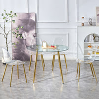 A Glass Tabletop With A Diameter Of 40 Inches And A Modern Minimalist Circular Dining Table With Gold Plated Metal Legs. 40 '* 40' * 30 ' Dt 1164 Golden Metal