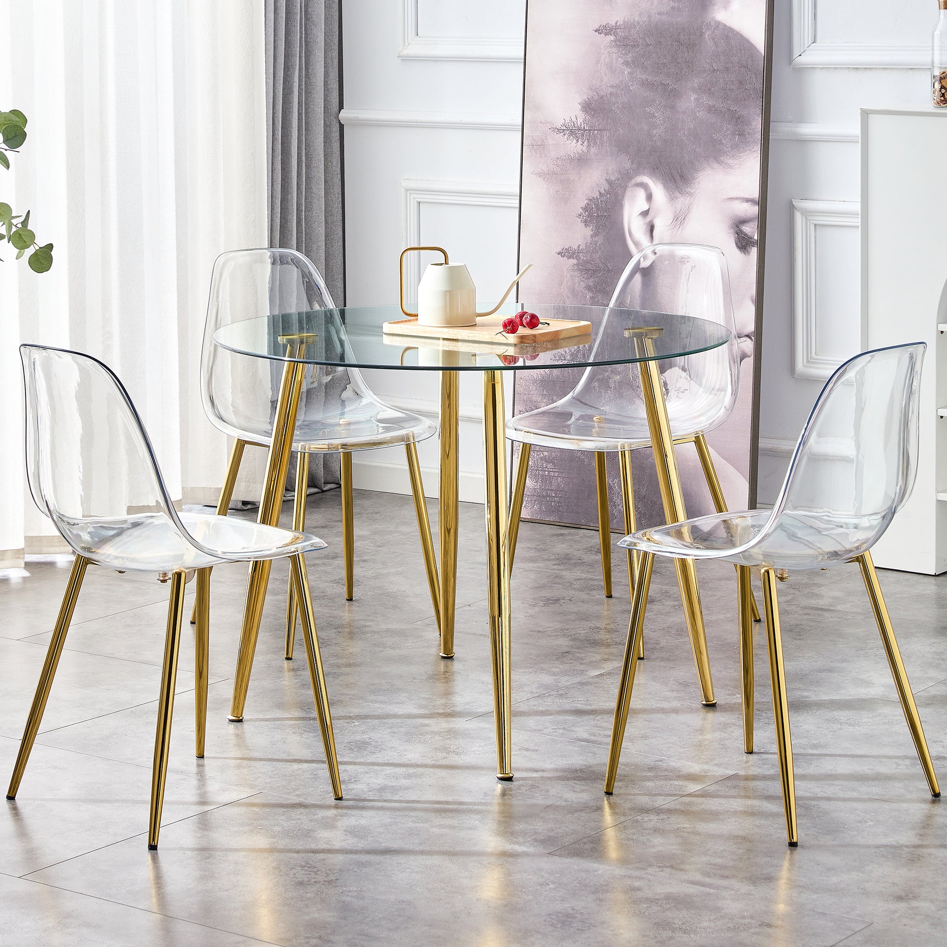 A Glass Tabletop With A Diameter Of 40 Inches And A Modern Minimalist Circular Dining Table With Gold Plated Metal Legs. 40 '* 40' * 30 ' Dt 1164 Golden Metal