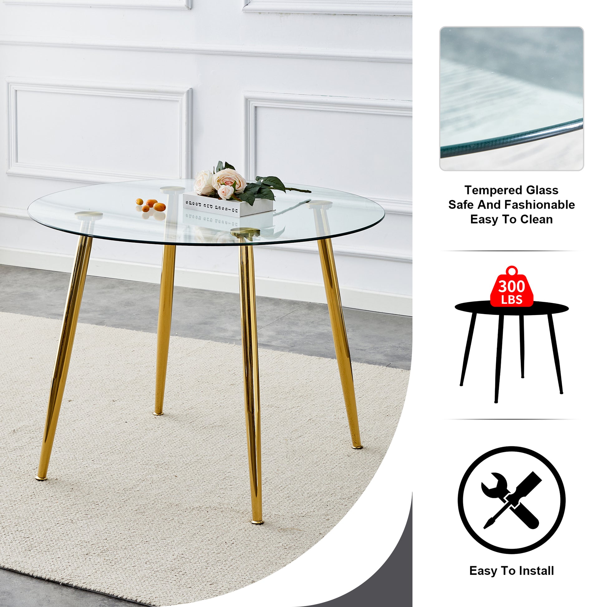 A Glass Tabletop With A Diameter Of 40 Inches And A Modern Minimalist Circular Dining Table With Gold Plated Metal Legs. 40 '* 40' * 30 ' Dt 1164 Golden Metal