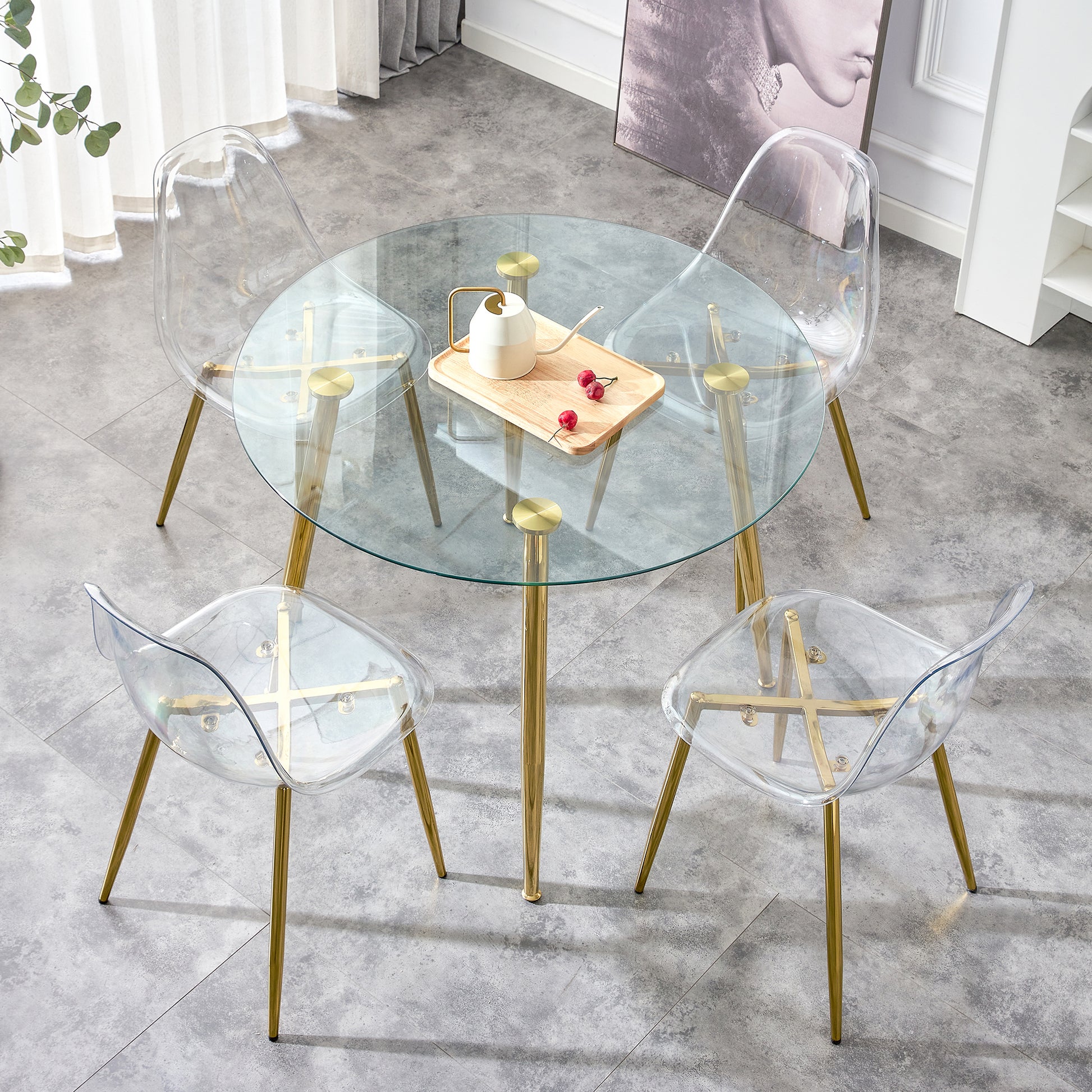 A Glass Tabletop With A Diameter Of 40 Inches And A Modern Minimalist Circular Dining Table With Gold Plated Metal Legs. 40 '* 40' * 30 ' Dt 1164 Golden Metal