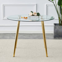 A Glass Tabletop With A Diameter Of 40 Inches And A Modern Minimalist Circular Dining Table With Gold Plated Metal Legs. 40 '* 40' * 30 ' Dt 1164 Golden Metal