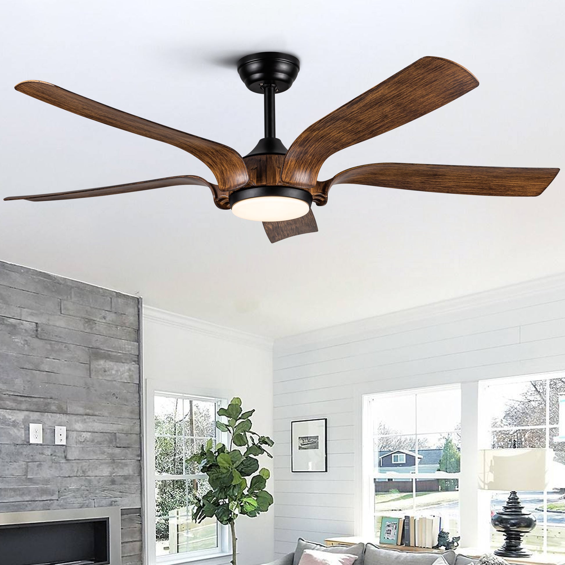 Smart 56" Integrated Led Ceiling Fan With Antique Brown Blades In Matte Black Fan Body Finish Antique Brown Abs