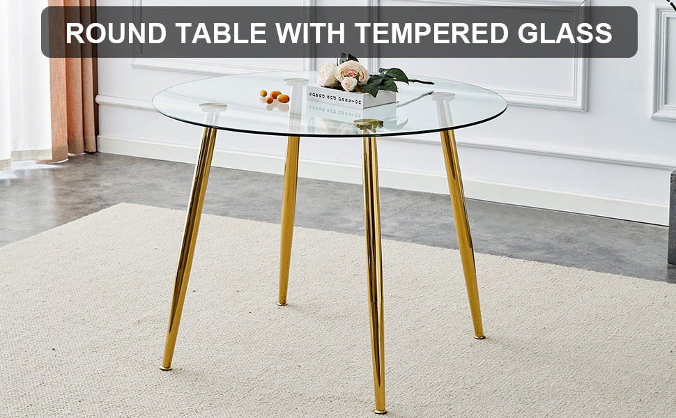 A Glass Tabletop With A Diameter Of 40 Inches And A Modern Minimalist Circular Dining Table With Gold Plated Metal Legs. 40 '* 40' * 30 ' Dt 1164 Golden Metal