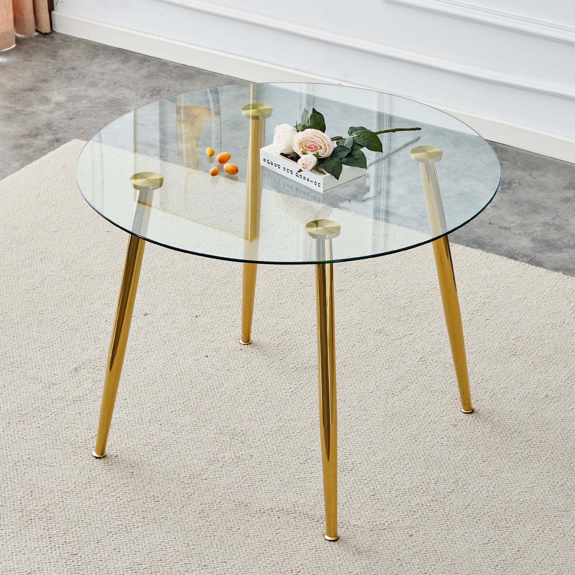 A Glass Tabletop With A Diameter Of 40 Inches And A Modern Minimalist Circular Dining Table With Gold Plated Metal Legs. 40 '* 40' * 30 ' Dt 1164 Golden Metal