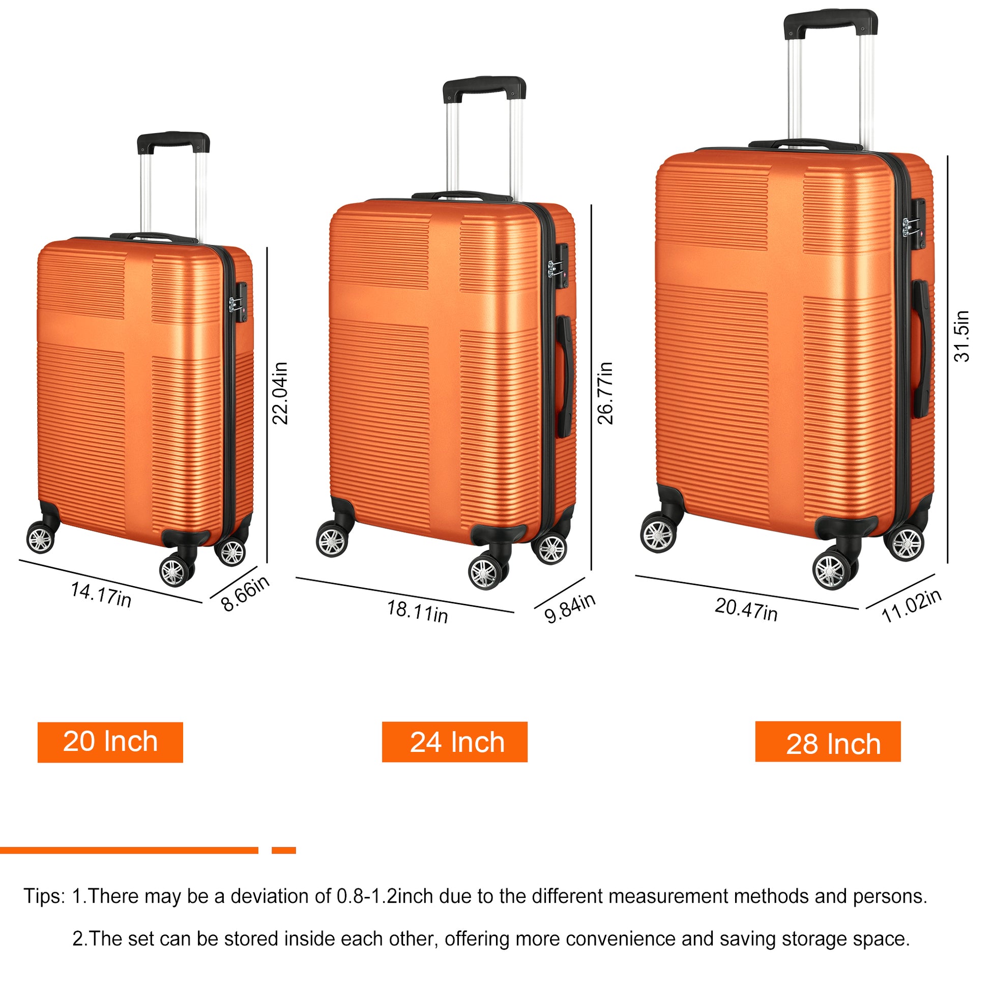 3 Piece Luggage With Tsa Lock Abs, Durable Luggage Set, Lightweight Suitcase With Hooks, Spinner Wheels Cross Stripe Luggage Sets 20In 24In 28In Orange Abs