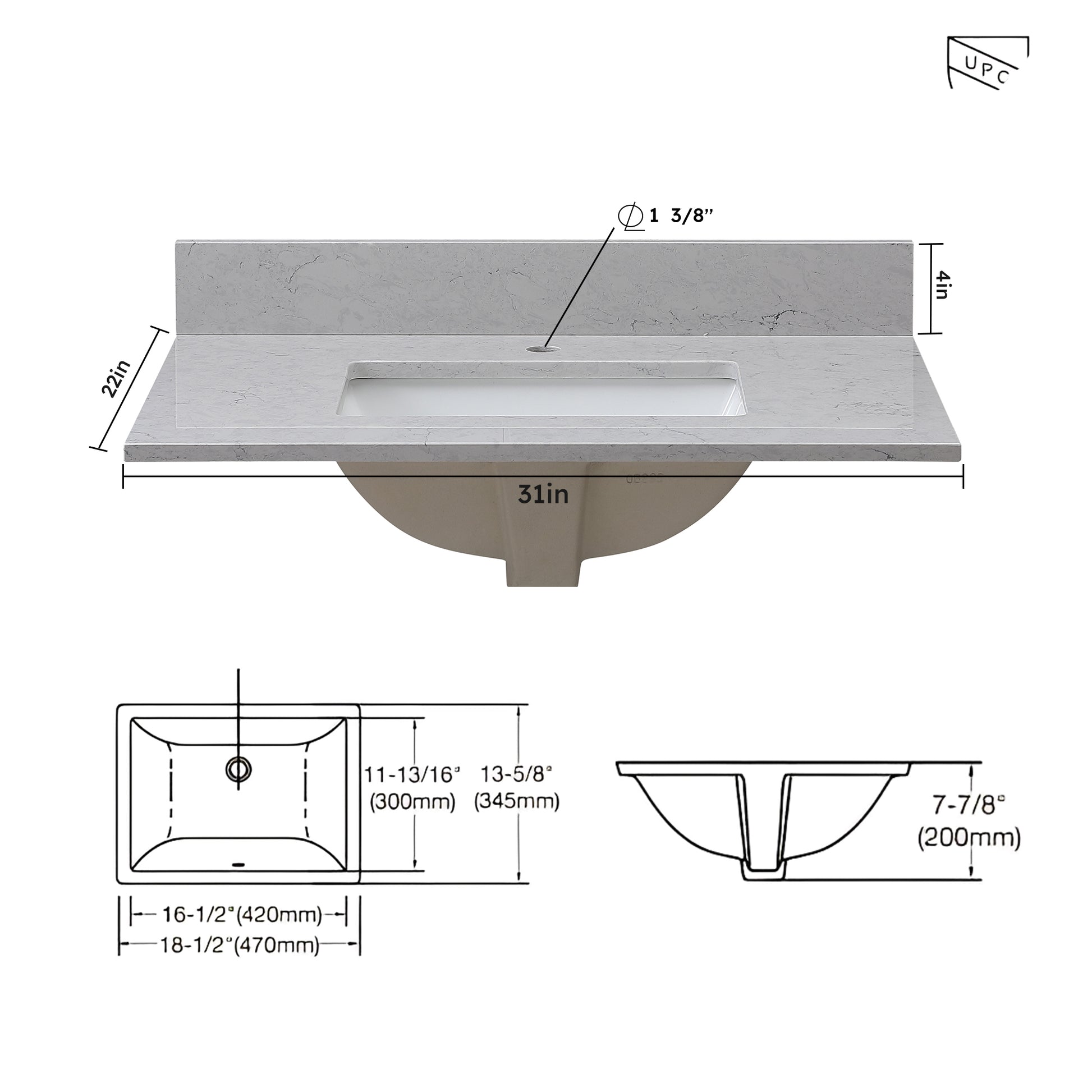 31 Inches Bathroom Stone Vanity Top Calacatta Gray Engineered Marble Color With Undermount Ceramic Sink And Single Faucet Hole With Backsplash Gray Stone