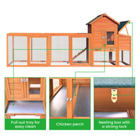 122 Large Wooden Chicken Coop, Hen House With Nest Box ,Wire Fence Poultry Cage Natural Wood